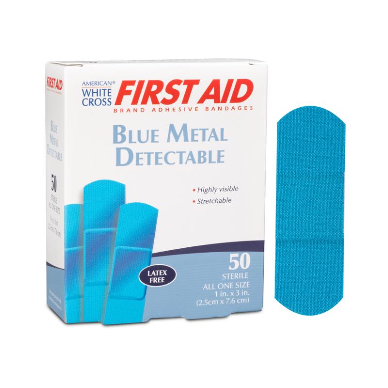 American® White Cross Blue Metal Detectable Adhesive Strip Blue 1" x 3" Box of 100