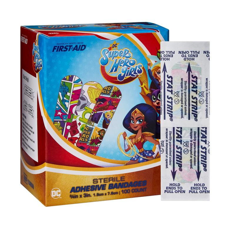 American® White Cross First Aid Adhesive Strips DC Super Hero Girls ¾" x 3" Box of 100