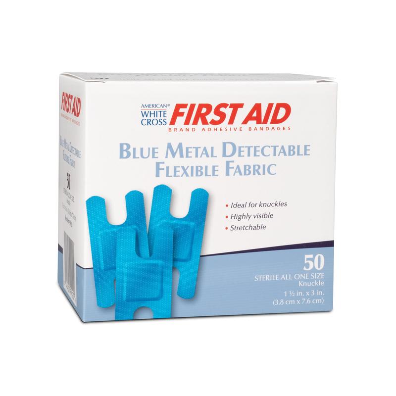 American® White Cross Metal Detectable Adhesive Strip Blue 1½" x 3" Box of 50
