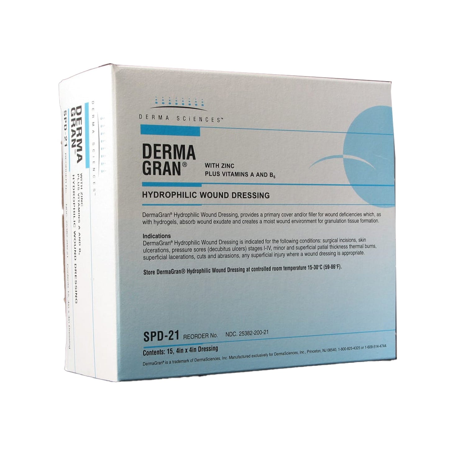 A box of Dermagran B Zinc Impregnated Dressing, which is a hydrophilic wound dressing measuring 4 x 4 inches, designed for chronic and acute wounds.