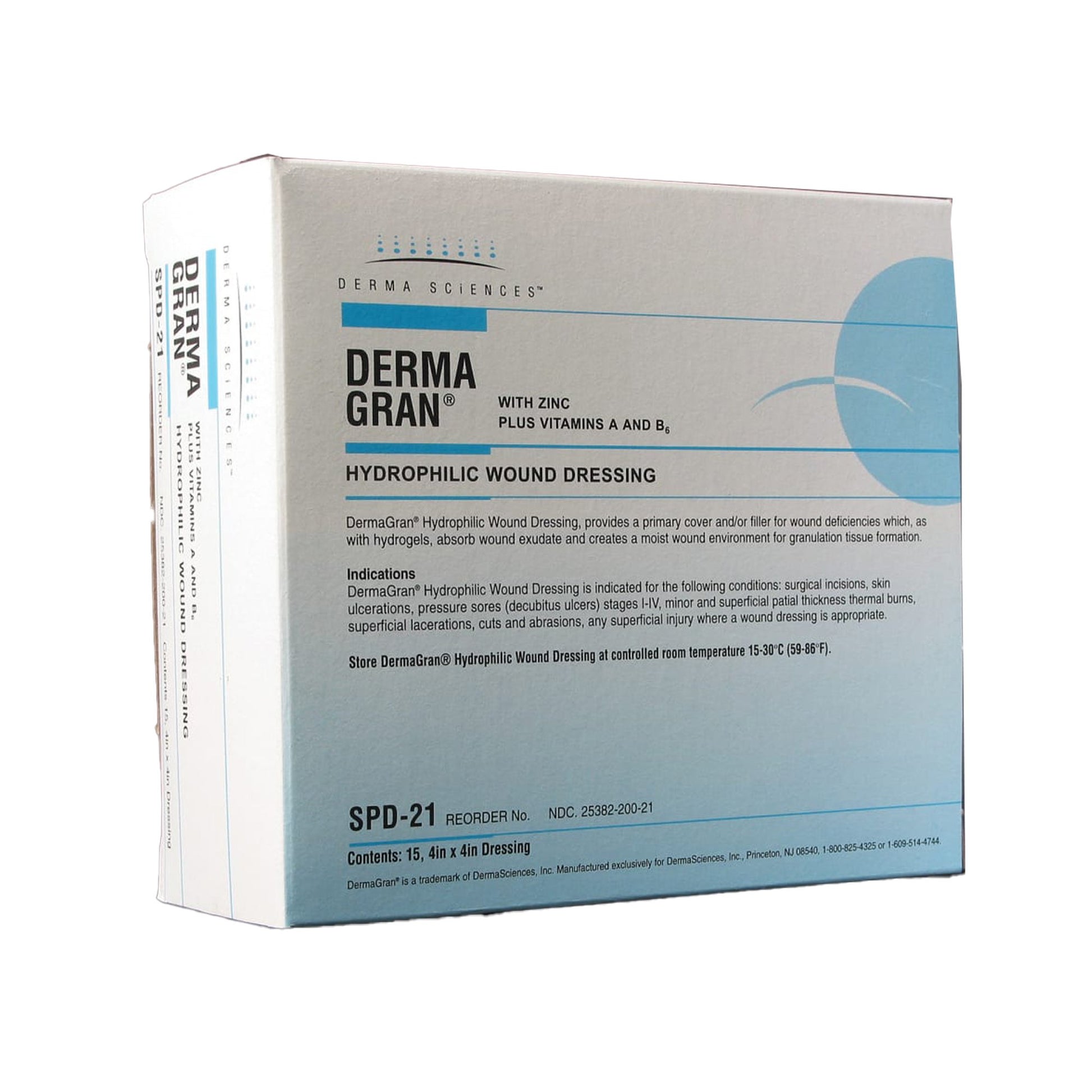 A box of Dermagran B Zinc Impregnated Dressing, which is a hydrophilic wound dressing measuring 4 x 4 inches, designed for chronic and acute wounds.