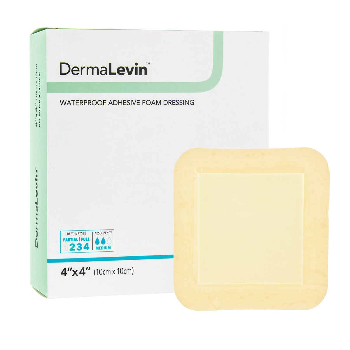 Packaging of DermaLevin Waterproof Adhesive Foam Dressing, showing the product's size and a visual of the foam dressing itself.