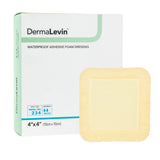 Packaging of DermaLevin Waterproof Adhesive Foam Dressing, showing the product's size and a visual of the foam dressing itself.