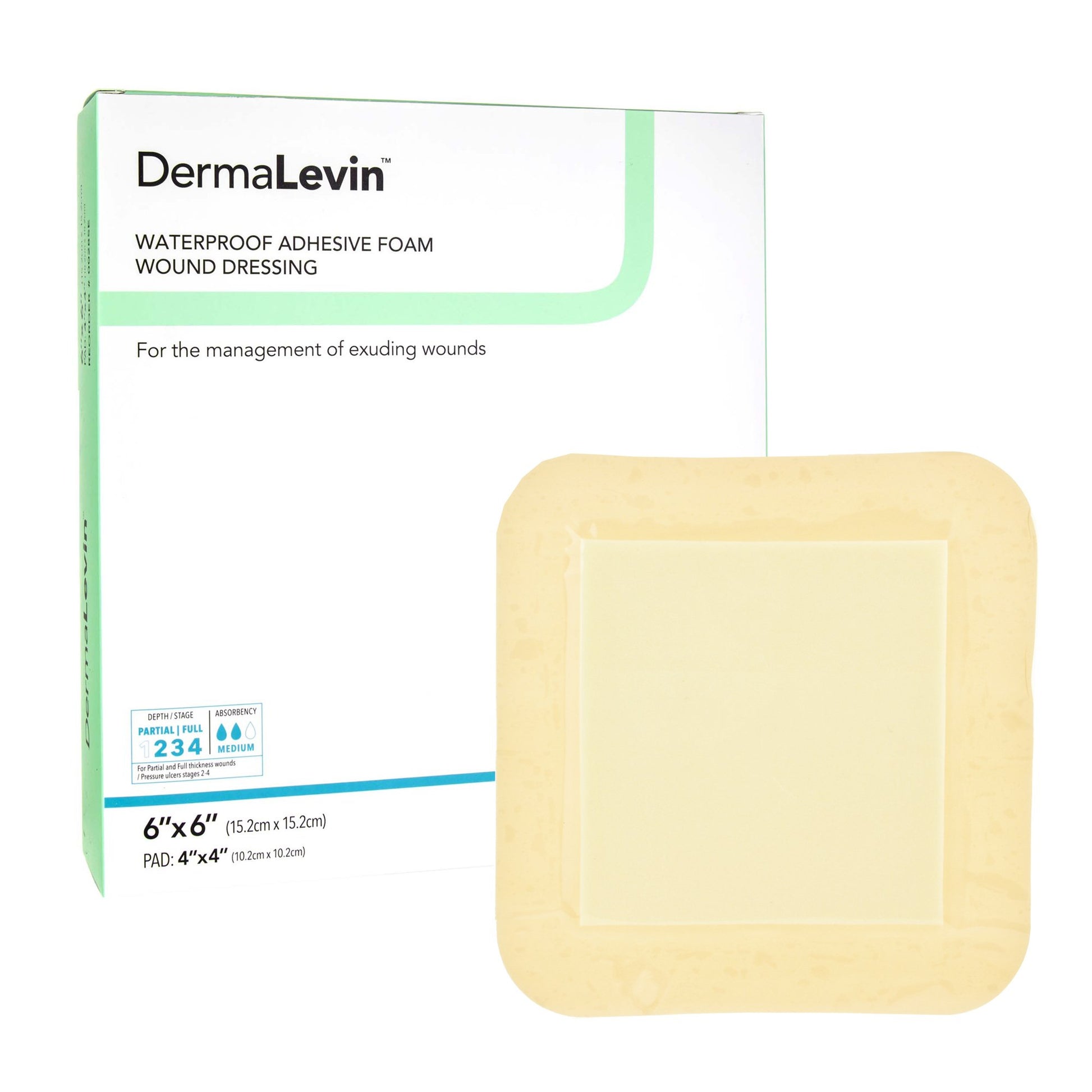 DermaLevin™ Adhesive Waterproof Adhesive Foam Dressing 4" x 4" 1 Each 