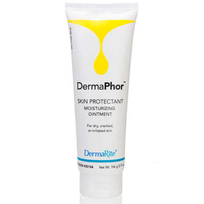 A tube of DermaPhor Skin Protectant Moisturizing Ointment with a yellow cap, labeled for moisturizing and healing skin.