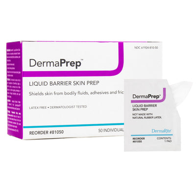 Packaging for DermaPrep Liquid Barrier Skin Prep, showing the box with product name and information, and a single sachet of the skin prep liquid.