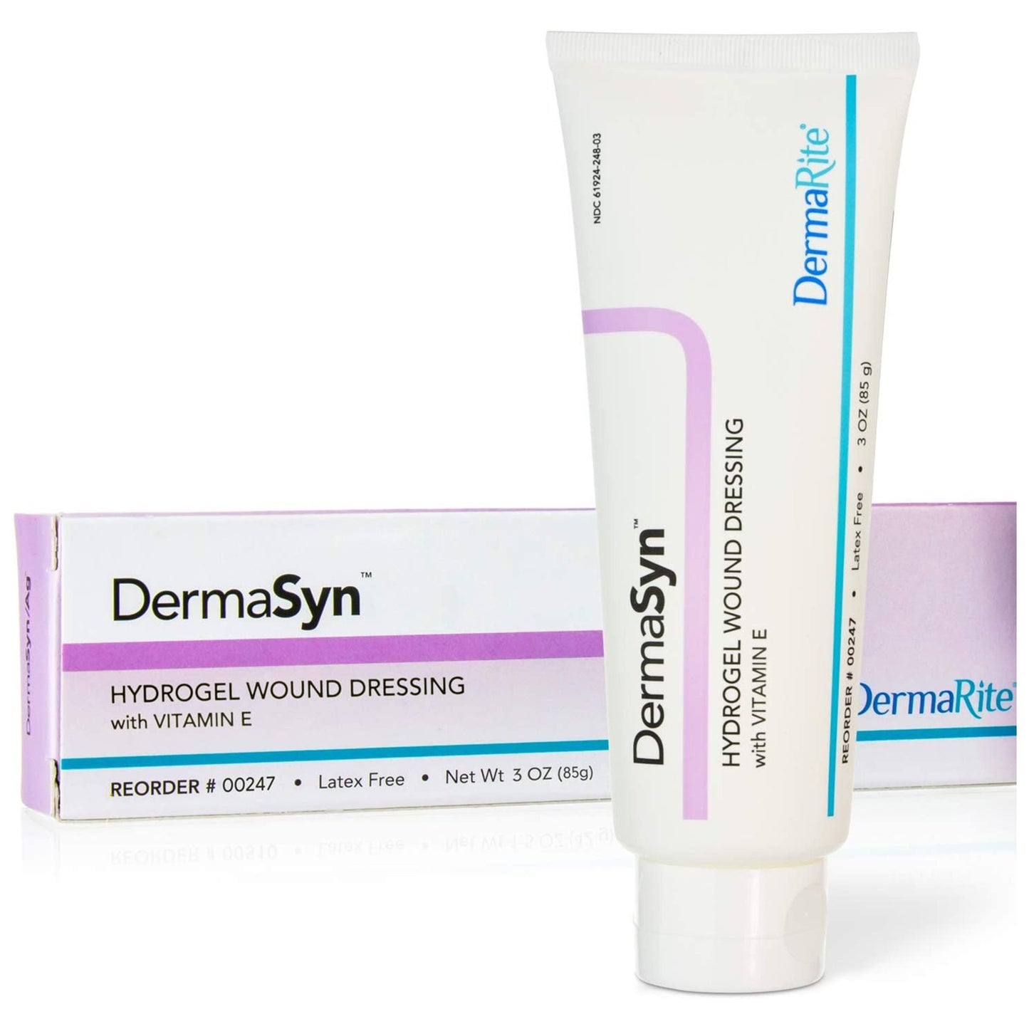 A tube of DermaSyn Hydrogel Wound Dressing with vitamin E, reusable, with a dermatologist-developed formula, displayed next to its packaging.
