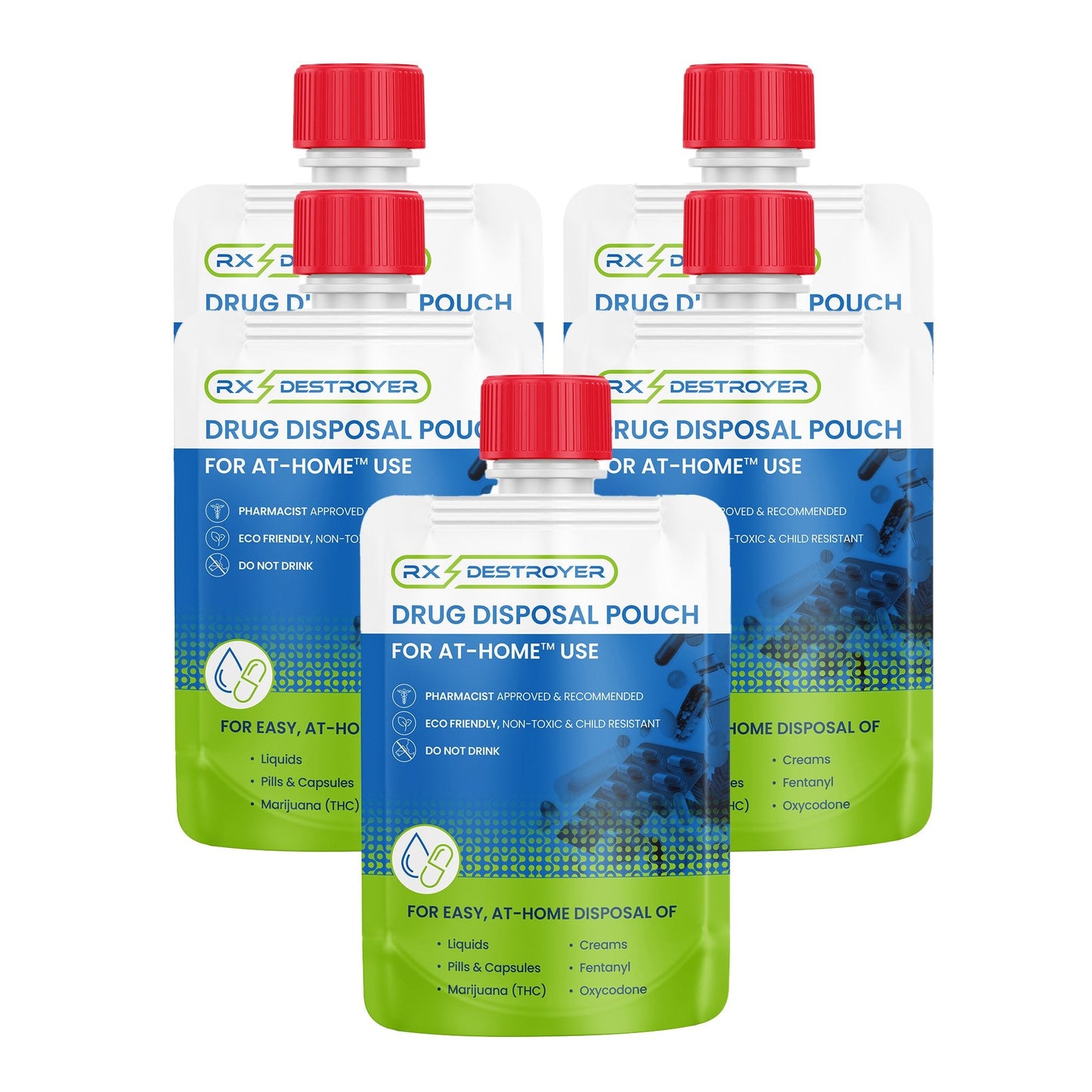 Three RX Destroyer drug disposal pouches with red caps on a white background