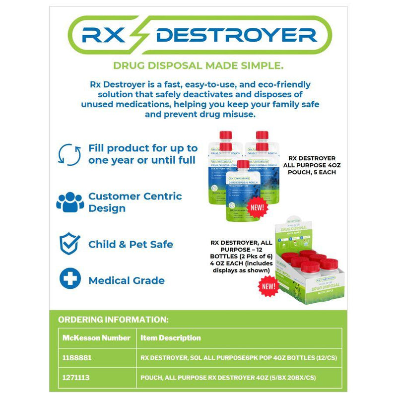 Advertisement for Rx Destroyer drug disposal product with features and ordering information.