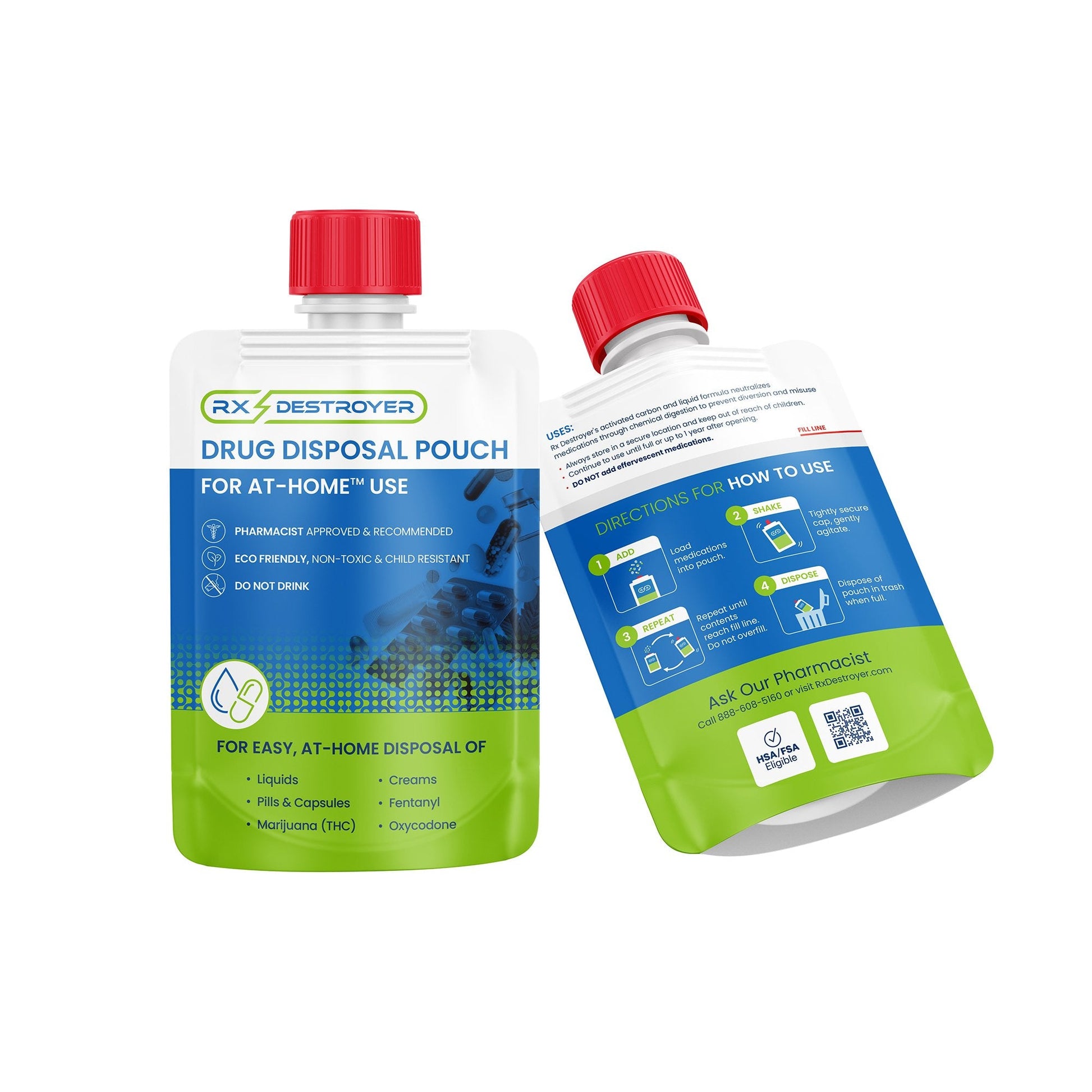 Two drug disposal pouches with red caps on a white background