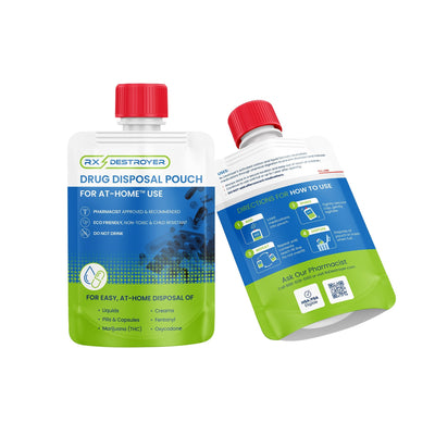 Two drug disposal pouches with red caps on a white background