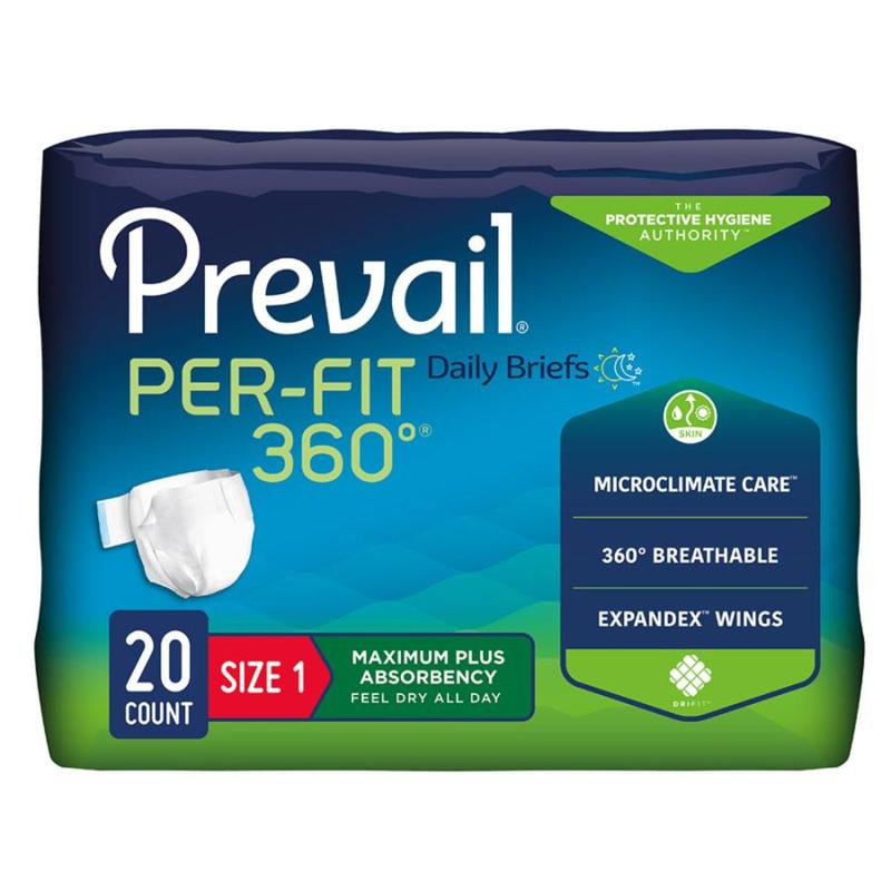 Package of Prevail Per-Fit 360 daily briefs on a white background