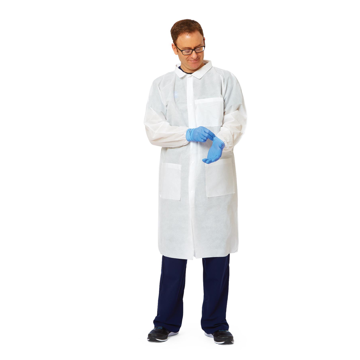 Medline Disposable Knit Cuff / Collar Multilayer SMS Lab Coats Blue S 1 Each