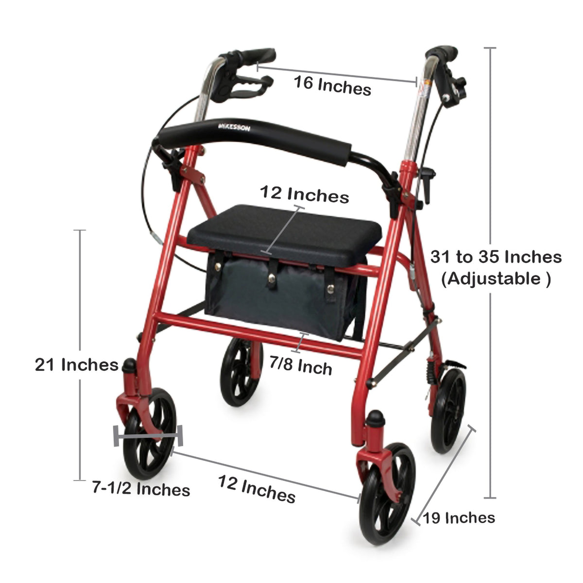 McKesson Folding Steel Four-Wheel Rollator Red 