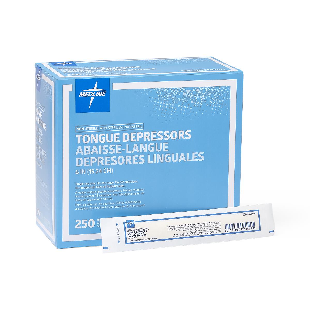 Medline Nonsterile Wrapped Tongue Depressors 6" Box of 250 