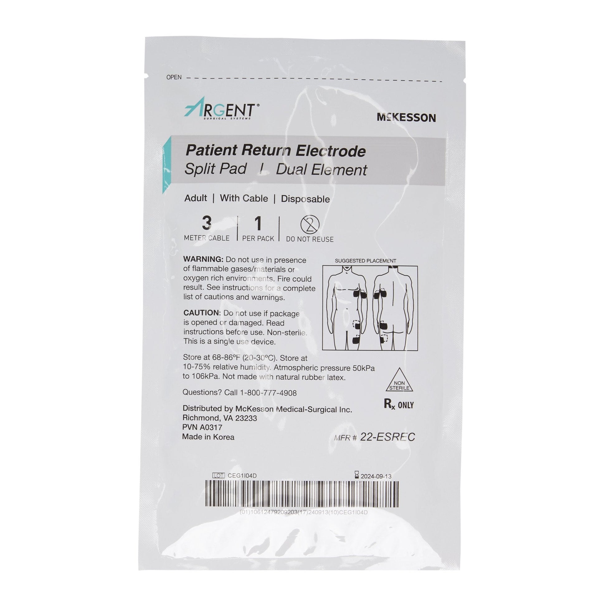 McKesson Patient Return Electrode Argent Split Corded