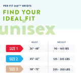 Unisex briefs size chart with waist and weight ranges on a white background