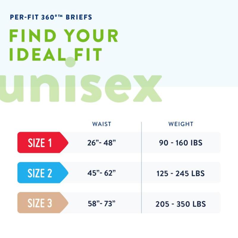 Unisex briefs size chart with waist and weight ranges on a white background