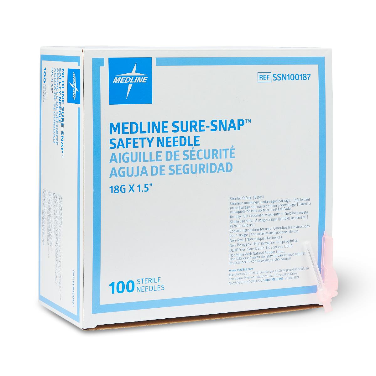 Medline Sure-Snap™ Safety Needle 18 G 1.5" Box of 100