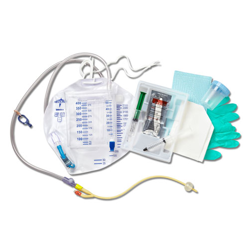Urine Meter Trays - Silicone-Elastomer Coated Foley Catheter (Latex) featring Aloetouch Gloves - 18Fr, 5cc: , Case of 10 (DYND1518SEC)