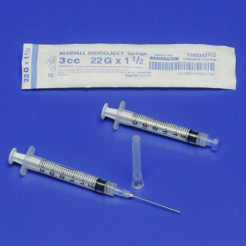 Monoject 3cc Syringes: 22 Gauge x 1&#xBD;&quot;, Box of 100